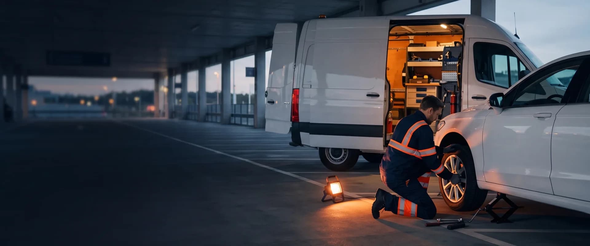 Mobil lastik servisi: kurumsal filo aracında yerinde lastik değişimi yapan teknisyen